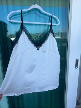 Zara White Satin Camisole with Black Lace Trim